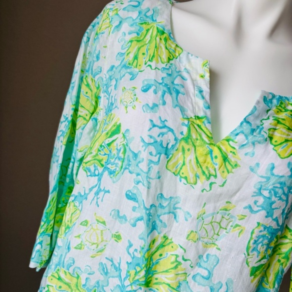 J. Jillβ Love Linen Tropical Oceam Sea Turtle Coral Tunic Top Blouse Women Sz M